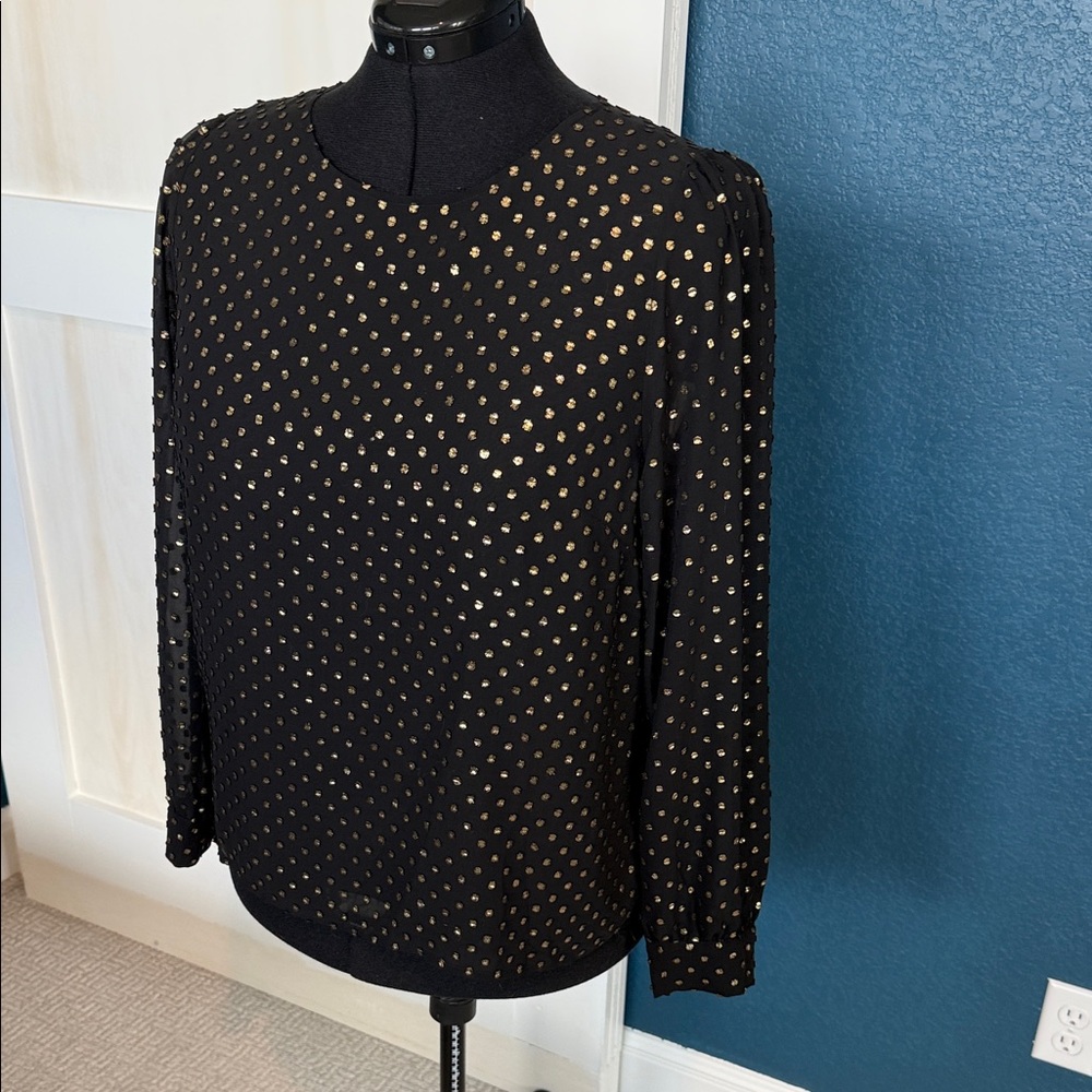 J. Crew Black Blouse with Gold Dot Print